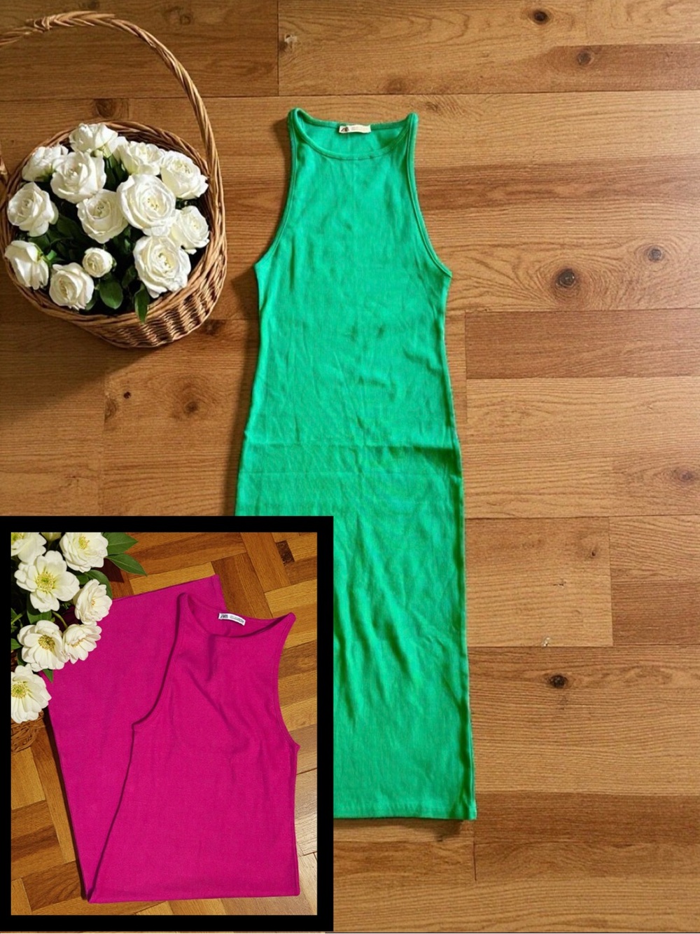 Zara Green or Pink Ribbed Tank Midi Dress - SZ L
